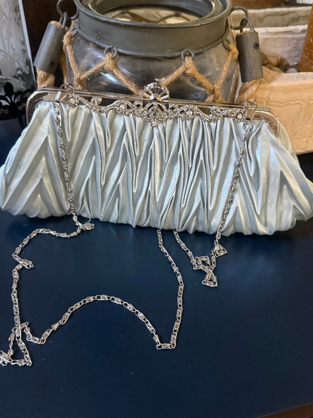 Satin Silver Pleated Clutch